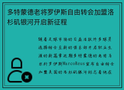 多特蒙德老将罗伊斯自由转会加盟洛杉矶银河开启新征程